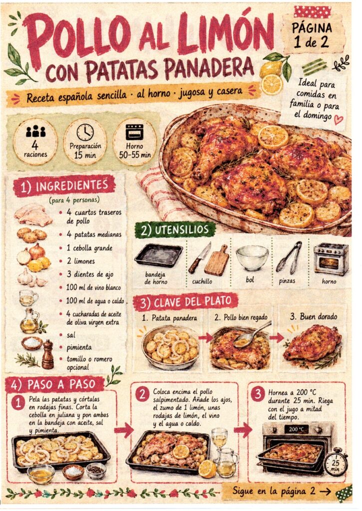 Fanzine de pollo al limón con patatas panadera, con ingredientes, utensilios y primeros pasos de preparación.