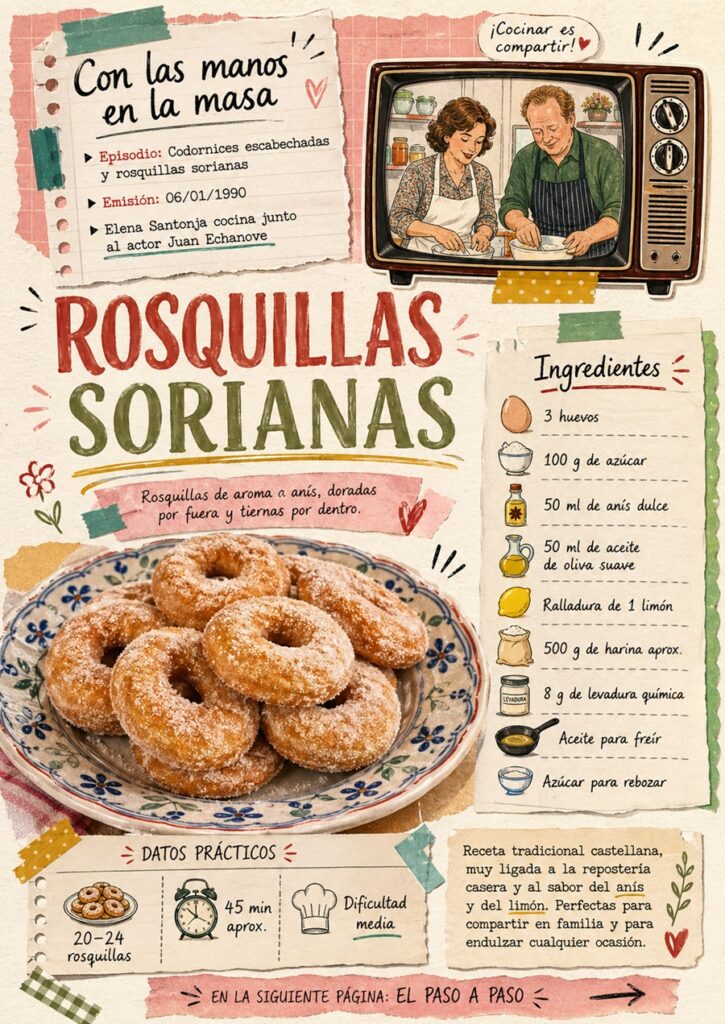 Fanzine de rosquillas sorianas inspirado en el programa Con las manos en la masa, con ingredientes y datos de la receta.