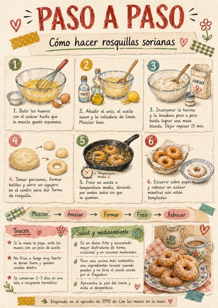 Fanzine de rosquillas sorianas con la preparación paso a paso, trucos y presentación final.