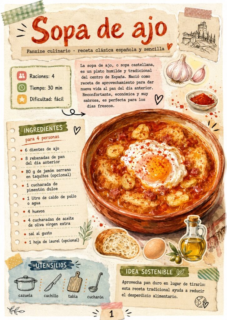 Fanzine de sopa de ajo con ingredientes, utensilios e información de la receta.