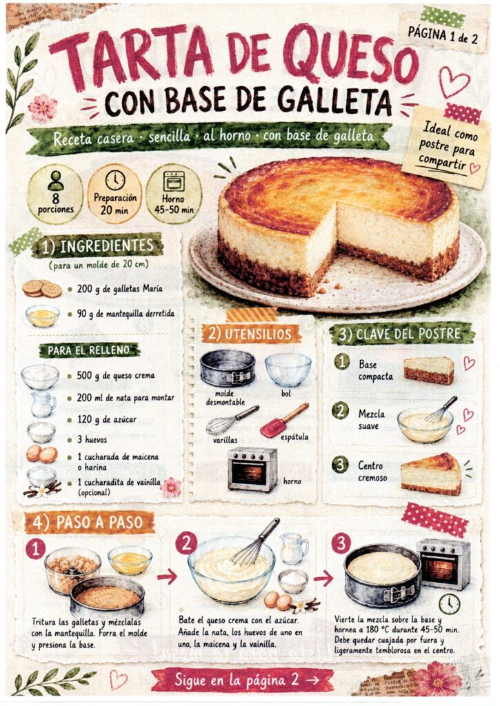 Fanzine de tarta de queso con base de galleta, con ingredientes, utensilios y primeros pasos de preparación.