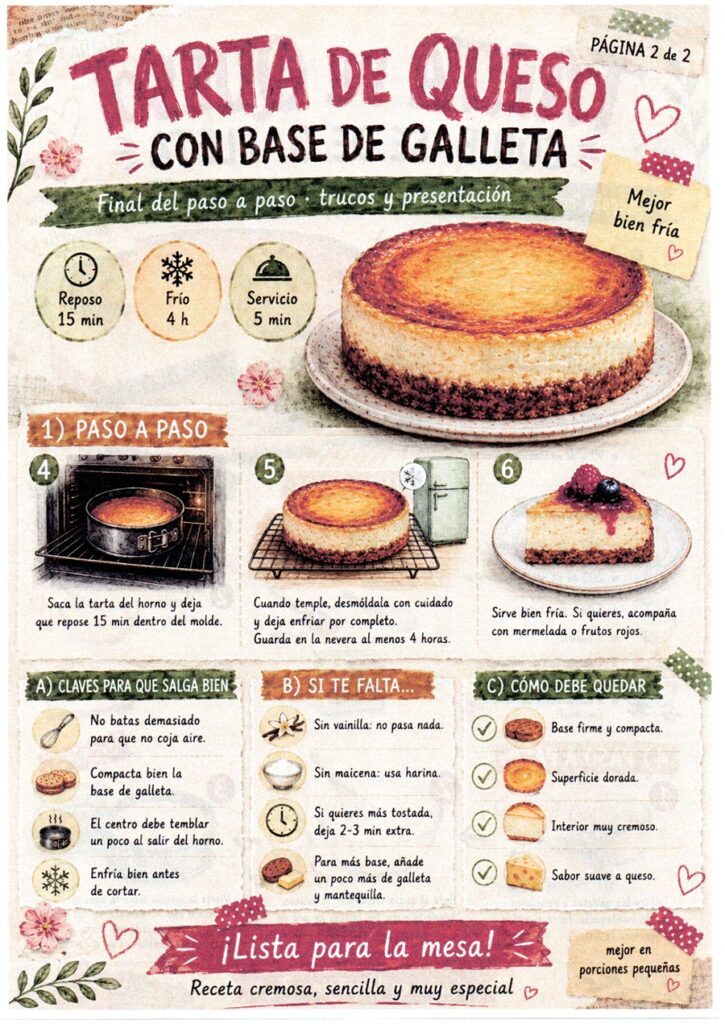 Fanzine de tarta de queso con base de galleta, con los pasos finales, consejos y presentación del postre.