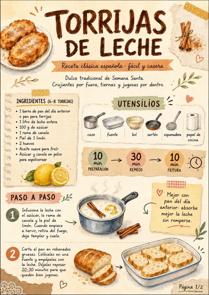 Fanzine de torrijas de leche con ingredientes, utensilios y primeros pasos de preparación.