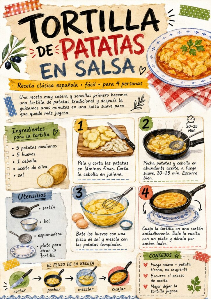 Fanzine de tortilla de patatas en salsa con ingredientes y preparación de la tortilla paso a paso.