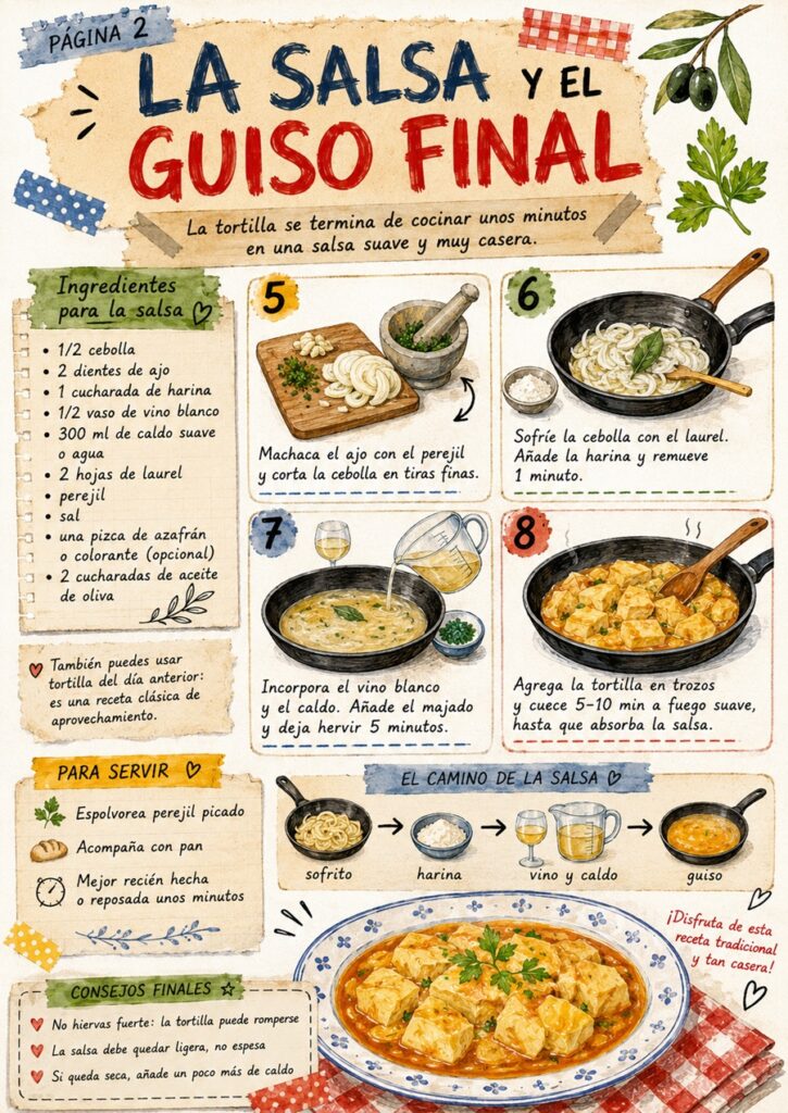 Fanzine de tortilla de patatas en salsa con ingredientes de la salsa, cocción final y consejos.
