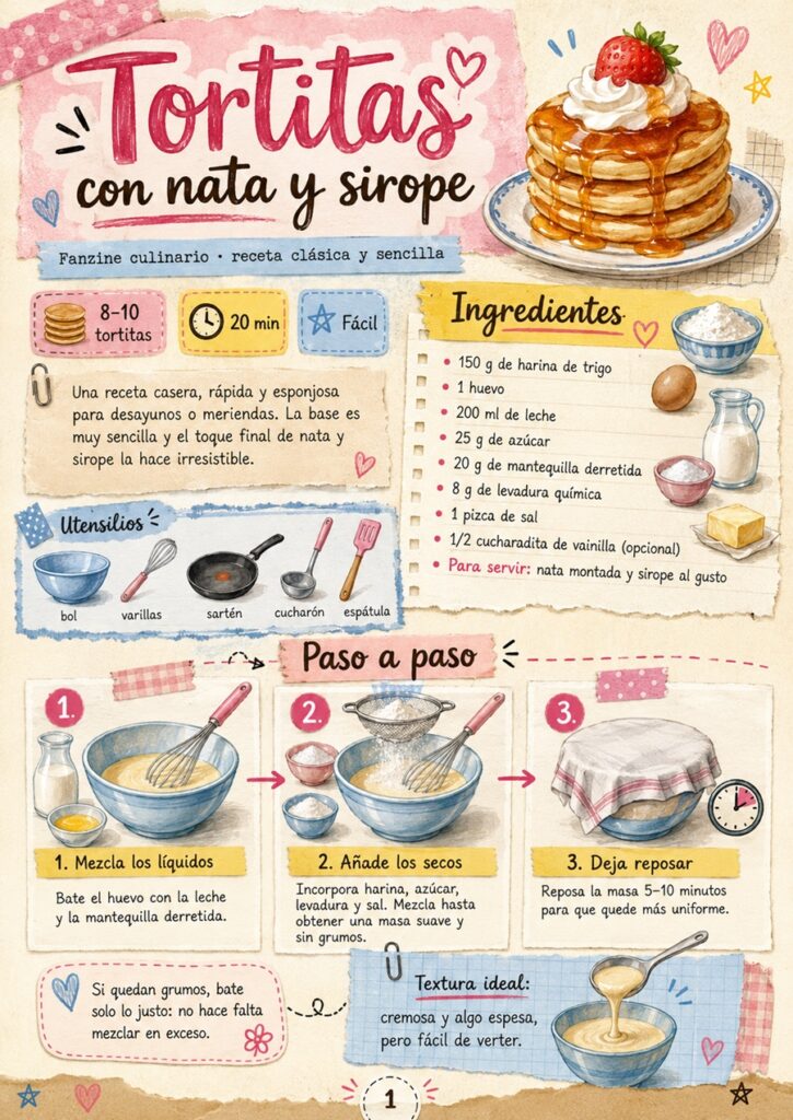 Fanzine de tortitas con nata, con ingredientes, utensilios y primeros pasos de preparación.