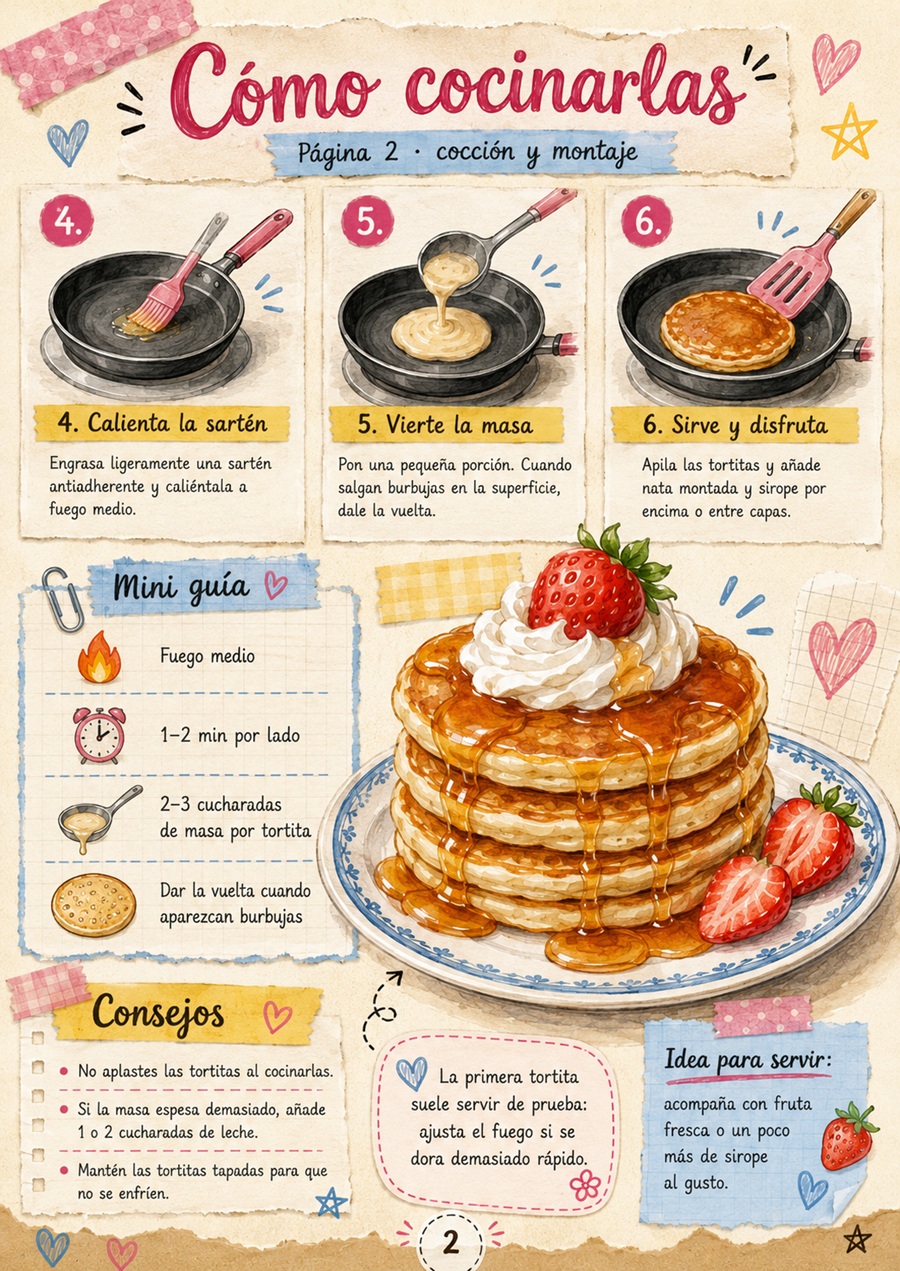 Fanzine de tortitas con nata, con la cocción, consejos y presentación final.