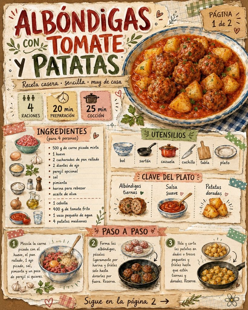 Fanzine de albóndigas con tomate y patatas, con ingredientes, utensilios y primeros pasos de preparación.