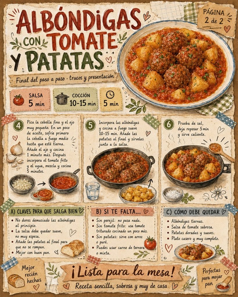 Fanzine de albóndigas con tomate y patatas, con la salsa, cocción final, trucos y presentación del plato.