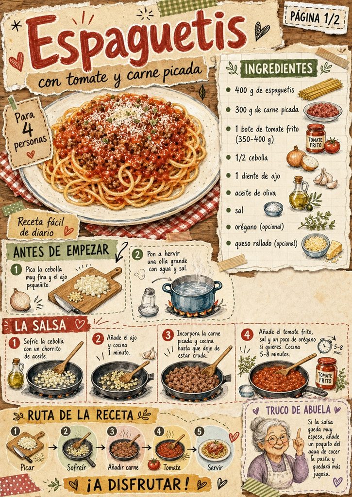 Fanzine de espaguetis con tomate y carne picada, con ingredientes, preparación de la salsa y primeros pasos de la receta.