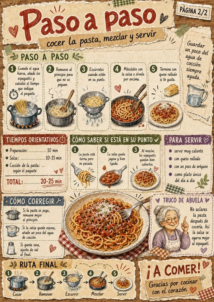 Fanzine de espaguetis con tomate y carne picada, con cocción de la pasta, consejos, tiempos y presentación final.