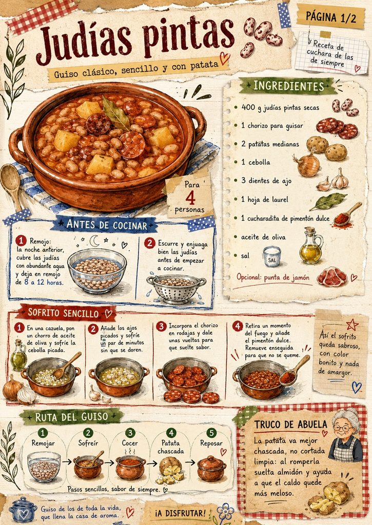 Fanzine de judías pintas, con ingredientes, remojo, sofrito y primeros pasos del guiso.