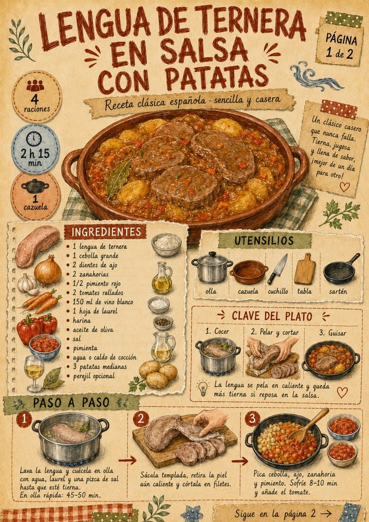 Fanzine de lengua de ternera en salsa, con ingredientes, cocción de la lengua, sofrito y primeros pasos de la receta.