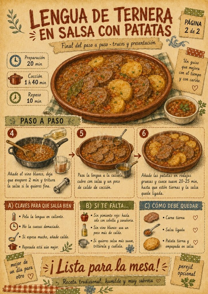 Fanzine de lengua de ternera en salsa, con el acabado del guiso, patatas opcionales, trucos y presentación final.
