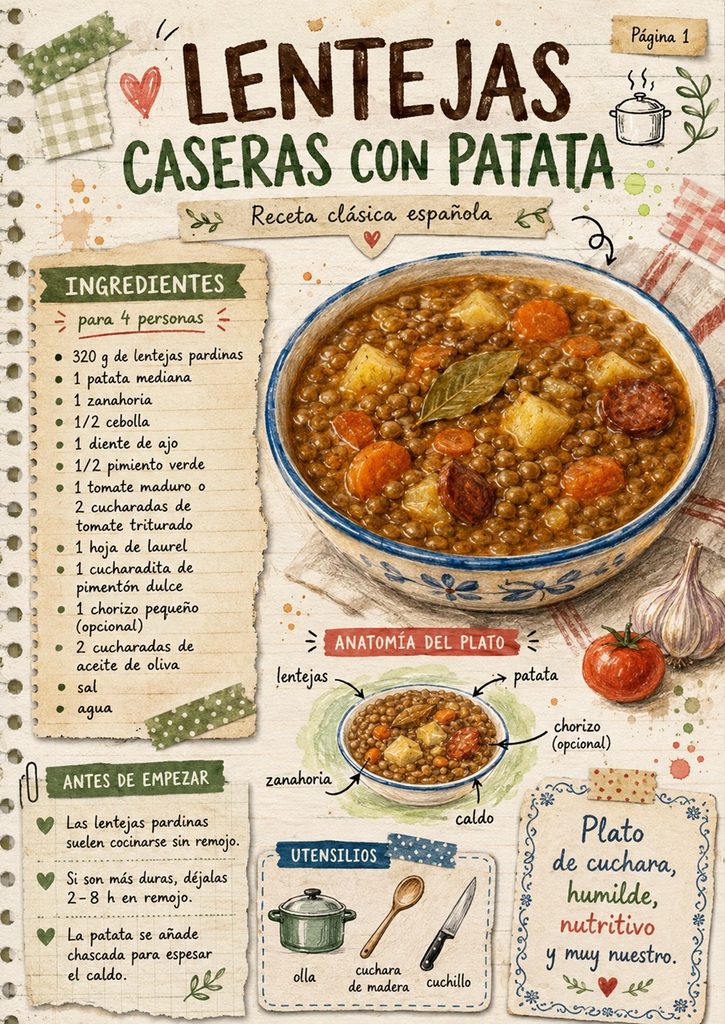 Fanzine de lentejas, con ingredientes, utensilios y preparación del sofrito y el guiso.