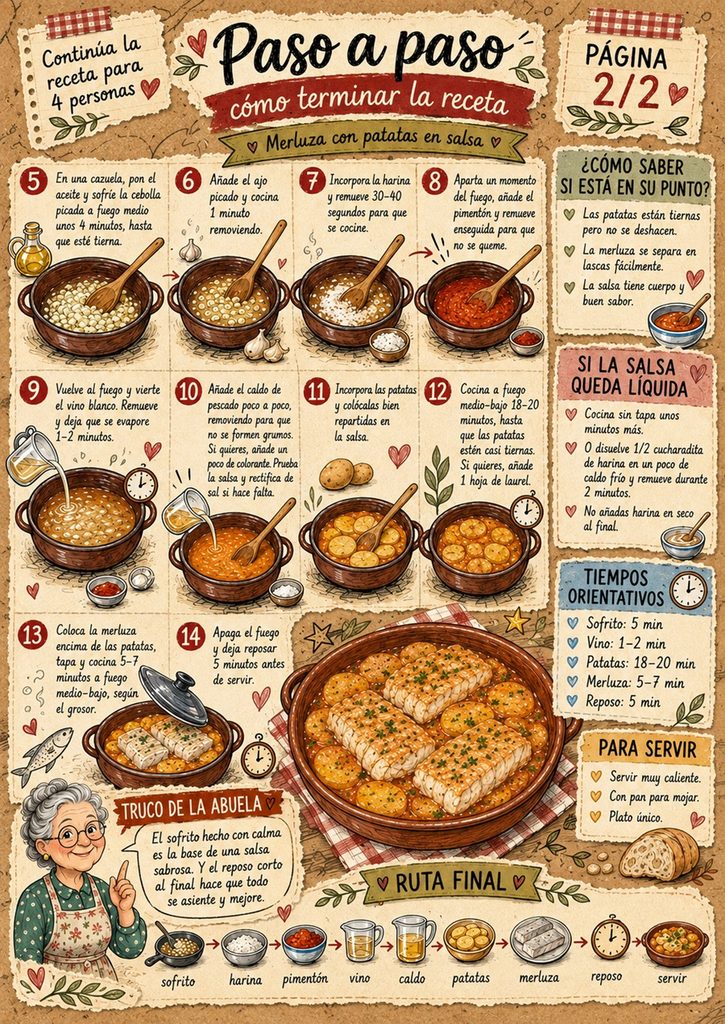Fanzine de merluza con patatas en salsa, con cocción de las patatas y la merluza, trucos y presentación final.