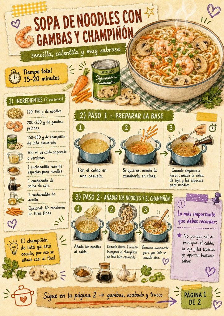 Fanzine de sopa de noodles con gambas y champiñón, con ingredientes, preparación del caldo y primeros pasos de la receta.