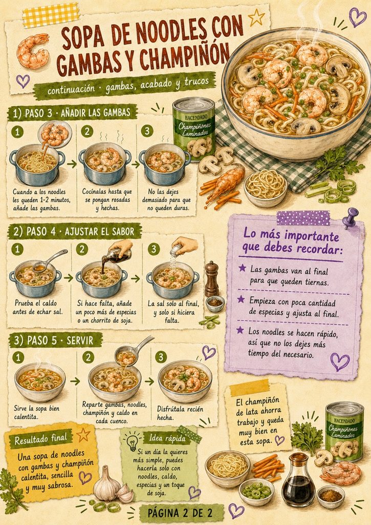 Fanzine de sopa de noodles con gambas y champiñón, con las gambas, ajuste del sabor, trucos y presentación final.