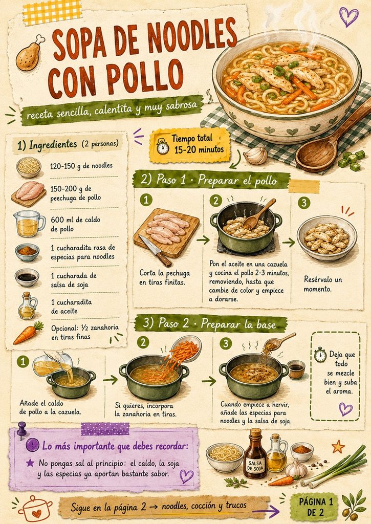 Fanzine de sopa de noodles con pollo, con ingredientes, preparación del pollo y primeros pasos de la receta.