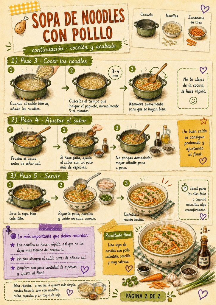 Fanzine de sopa de noodles con pollo, con cocción de los noodles, ajuste del sabor, trucos y presentación final.
