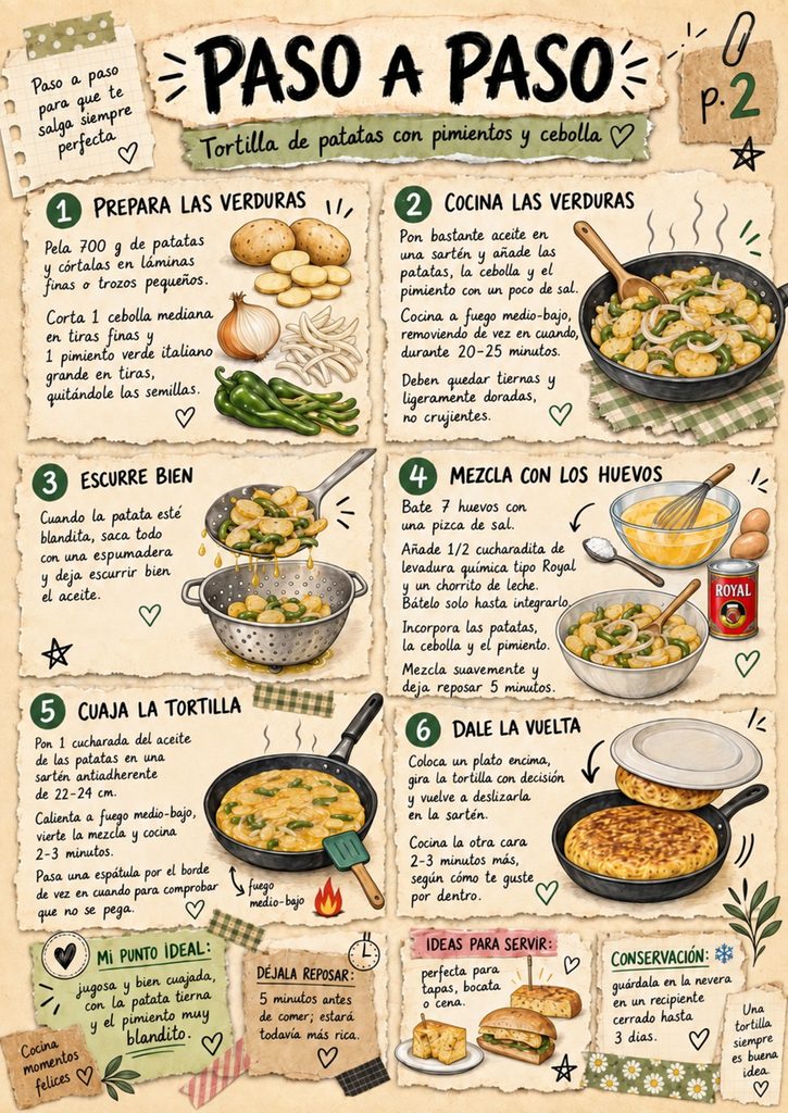 Fanzine de tortilla de patatas con pimientos y cebolla, con la preparación paso a paso, cuajado, vuelta y presentación final.